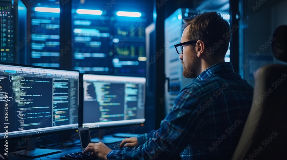 It specialist works on personal computer with screens showing software program with coding language interface. in the background technical room of data center with professional working. It specialist works on personal computer with screens showing software program with coding language interface. in the background technical room of data center with professional working.