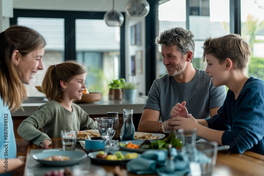 A family of four is sitting at a dining table, enjoying a meal together A family of four is sitting at a dining table, enjoying a meal together