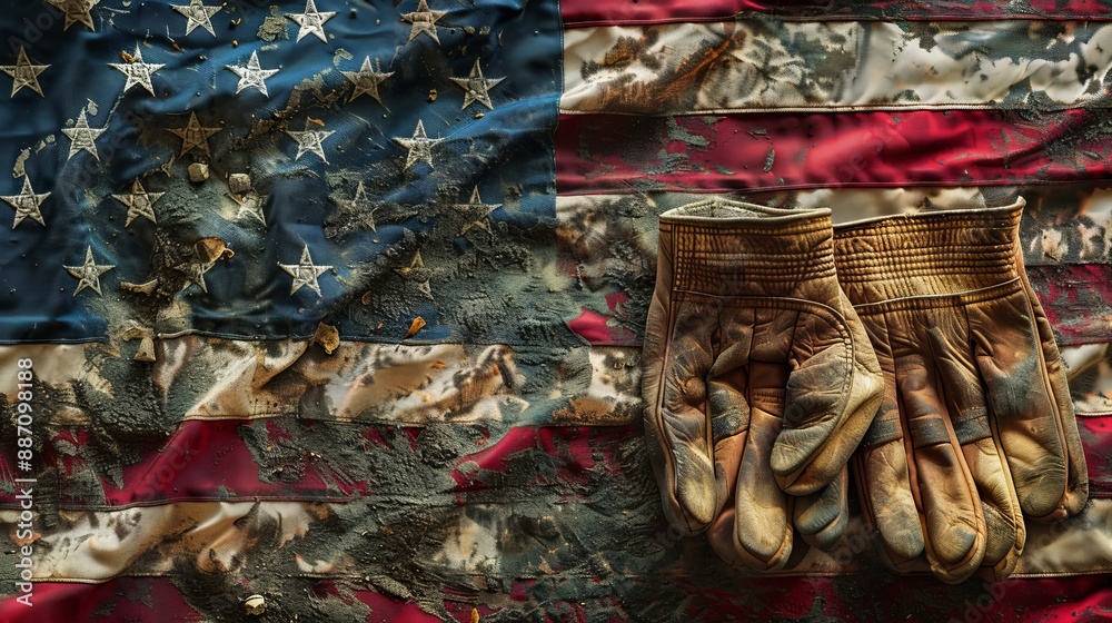 Fototapeta premium A pair of worn leather gloves are prominently placed against an American flag covered in grime and dirt, symbolizing patriotism, labor, dedication, and the hardworking spirit.