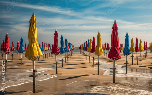 Colorful Beach Umbrellas on Sandy Shore 