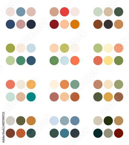 Twelve bright and muted colour palettes. Seamless pattern with colorful circles. Vector illustration