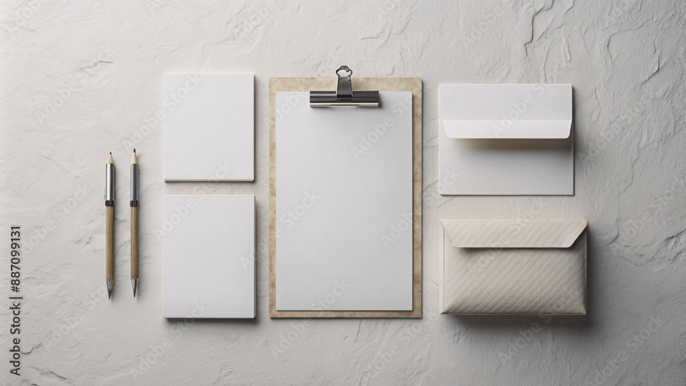corporate business office stationery set mockup at white textured, billboard clipboard blank sheet