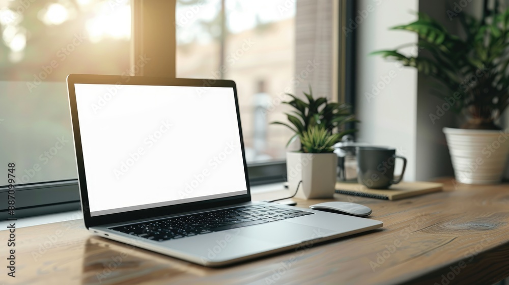Laptop with white screen on desk with copy space concept
