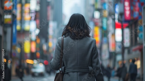 Back shot of a businesswoman in a grey coat walking in Ginza, capturing the city's dynamic atmosphere © PixelAI