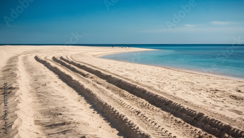 A sandy beach with a person walking on it and two people in the water, AI