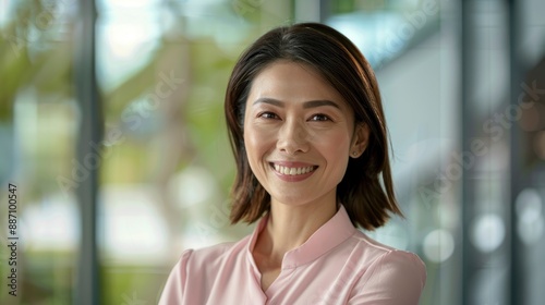Beautiful smiling Asian businesswoman in a pink blouse is happy to work at the modern office, looking forward to a bright future © PixelAI