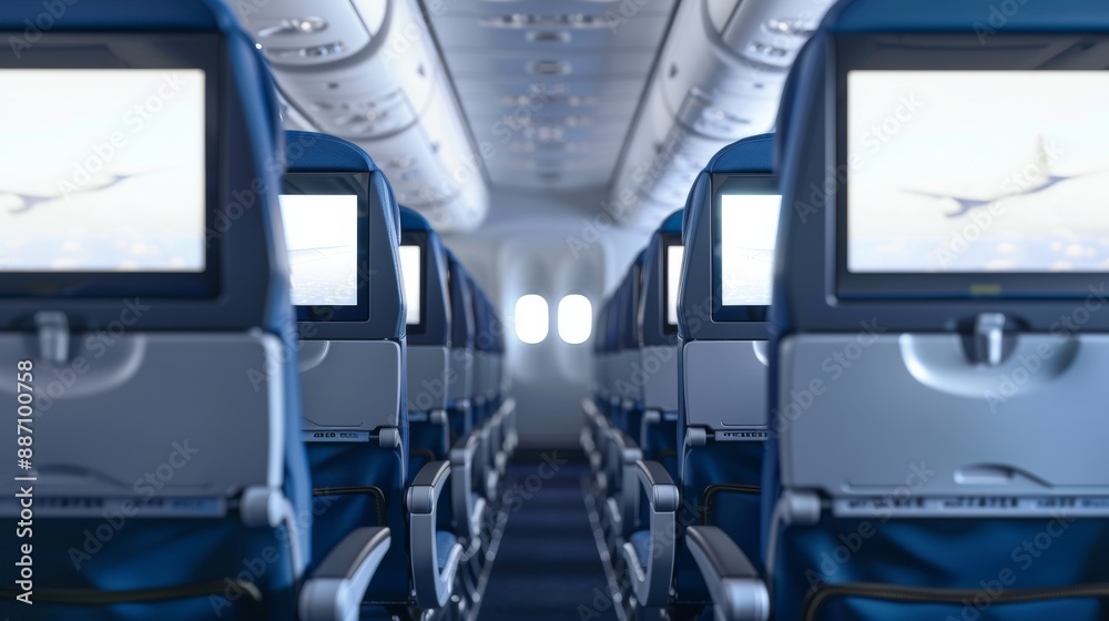 empty airplane chairs with a blank screen empty airplane chairs with a blank screen