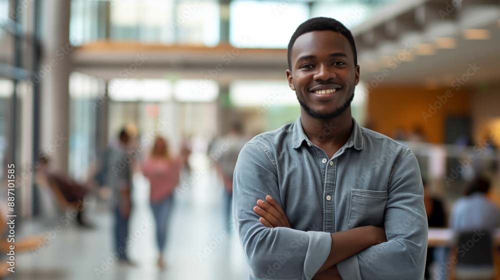 Friendly African Male Student Smiling Brightly in Modern University Library Environment for Academic and Diversity Themes Friendly African Male Student Smiling Brightly in Modern University Library Environment for Academic and Diversity Themes