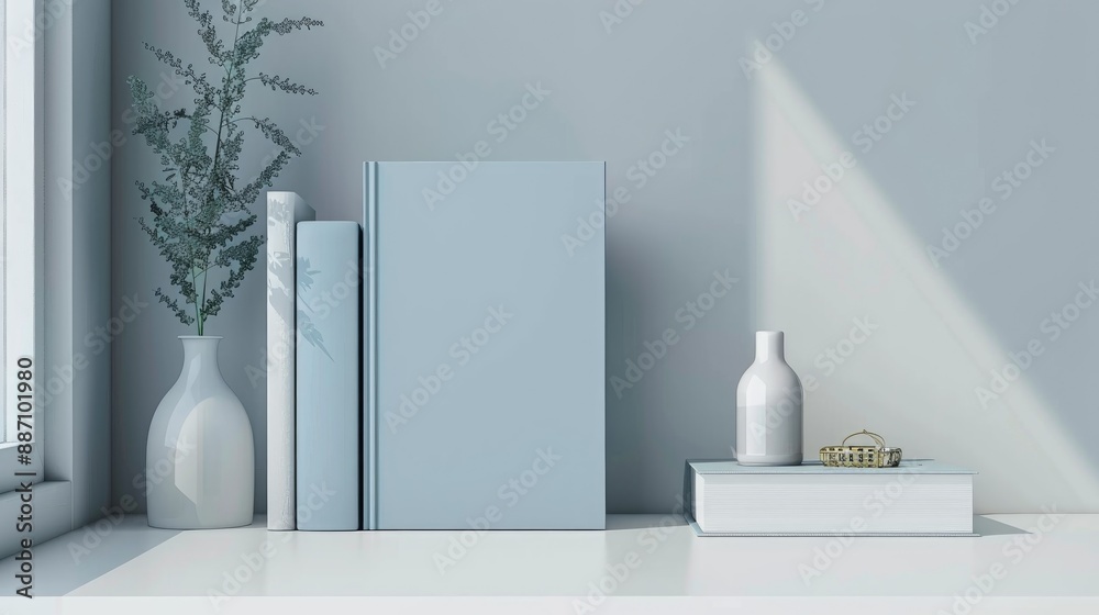 Fototapeta premium White desk with light blue book mockup and workspace items Workspace with text space front view