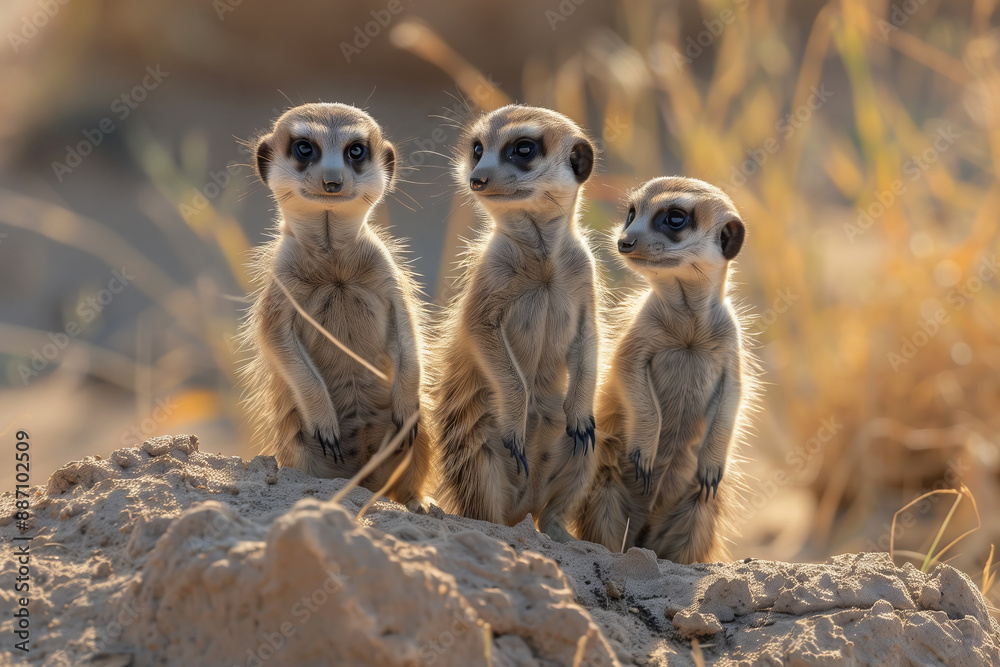 Three Meerkats Standing Tall in the National Park at Sunset Three Meerkats Standing Tall in the National Park at Sunset