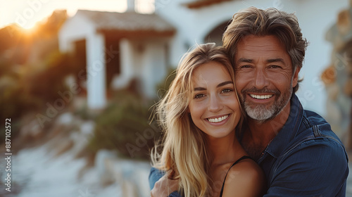 Close-up of a Smiling couple hugging in front of their new house representing a real estate concept. Banner design. © AISTEL