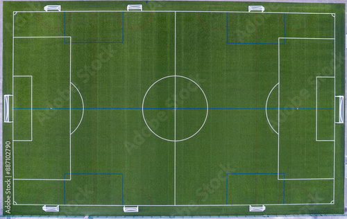 Aerial view of a soccer field with white markings
