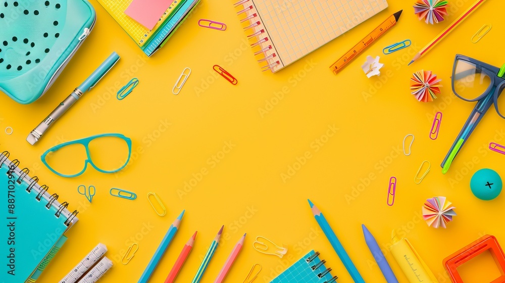 A vibrant image showcasing an assortment of brightly colored stationery items including pencils, paperclips, and notebooks, all arranged on a yellow background. A vibrant image showcasing an assortment of brightly colored stationery items including pencils, paperclips, and notebooks, all arranged on a yellow background.