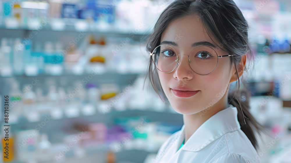 asian employee woman in pharmacy store, wearing eyeglasses and white outfit.generative ai asian employee woman in pharmacy store, wearing eyeglasses and white outfit.generative ai