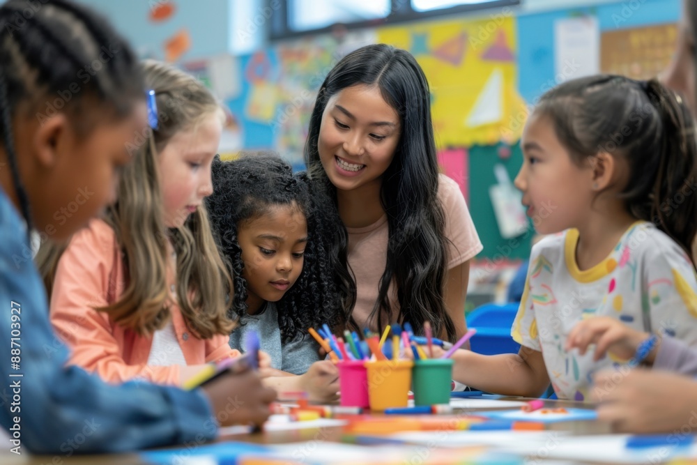 Fototapeta premium Teacher assisting children in art class