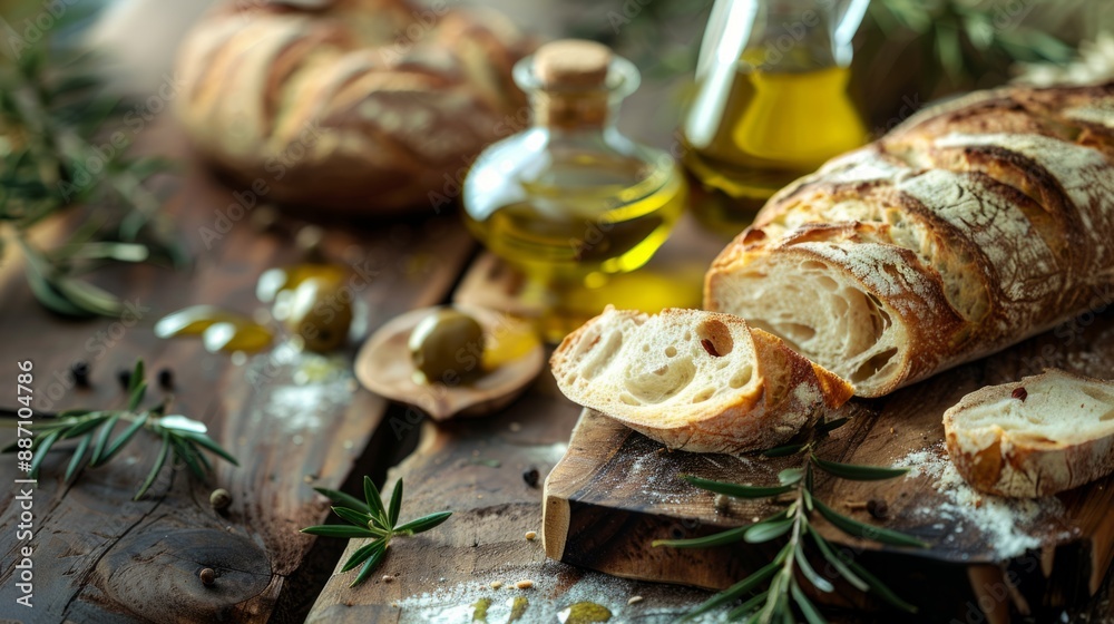 Rustic bread and olive oil on a wooden table. Freshly baked artisan bread with a crusty texture. Delicate olive oil bottle adds charm. Food photography ideal for culinary blogs and recipes. AI Rustic bread and olive oil on a wooden table. Freshly baked artisan bread with a crusty texture. Delicate olive oil bottle adds charm. Food photography ideal for culinary blogs and recipes. AI