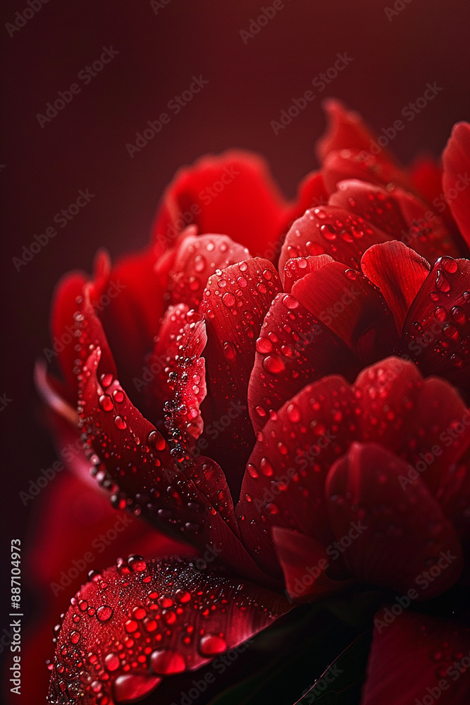 Close-up of a red flower covered in water droplets, showcasing the intricate details and beauty of nature after rain. Close-up of a red flower covered in water droplets, showcasing the intricate details and beauty of nature after rain.