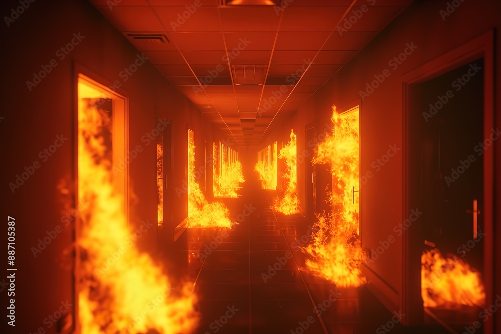 A fire is burning in a hallway with doors open