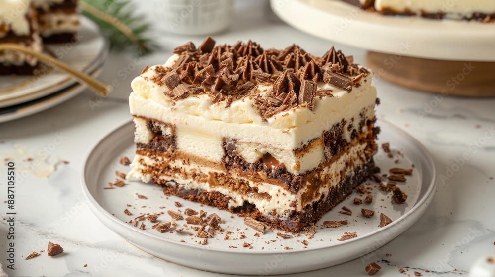 A rich dessert in layers, with layers of chocolate cookie and vanilla cheesecake. A rich dessert in layers, with layers of chocolate cookie and vanilla cheesecake.
