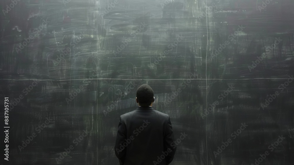 Fototapeta premium Man Facing Blackboard, Symbolizing Contemplation and Problem-Solving
