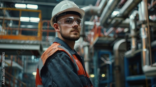 A young worker in a white hard hat and safety goggles stands confidently in an industrial plant with intricate piping and heavy-duty equipment visible in the background. © Damerfie