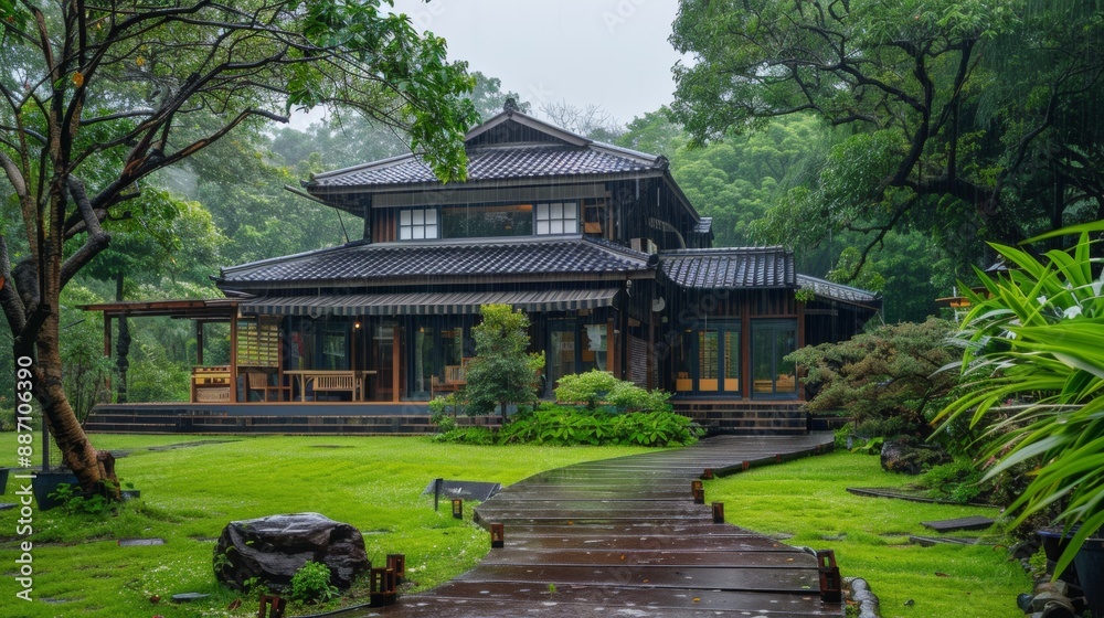 Obraz premium beautiful Japanese kiosk style house on a rainy day on a farm