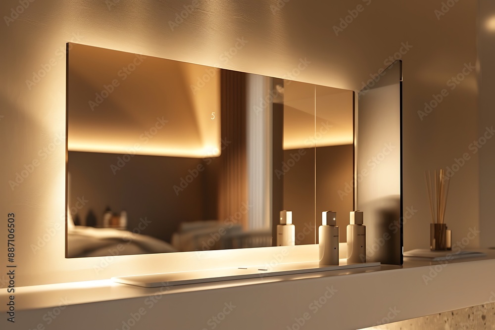 : A modern, frameless smart mirror, with a sleek design, reflecting a ...
