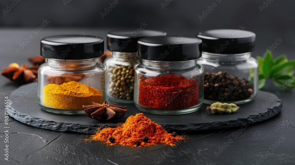 A collection of colorful spices and herbs in glass jars arranged on a black countertop A collection of colorful spices and herbs in glass jars arranged on a black countertop