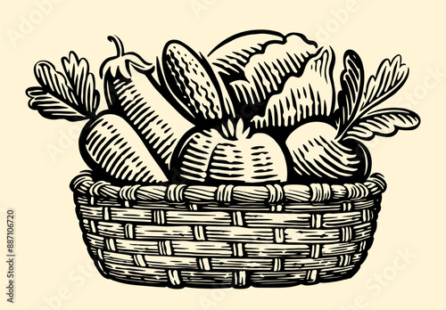 Basket with fresh vegetables sketch. Organic farm food. Vector vintage engraving illustration