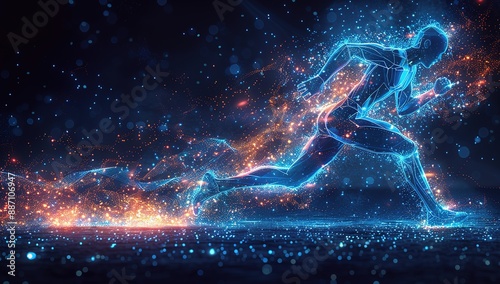 A man is running in a field of glowing sparks