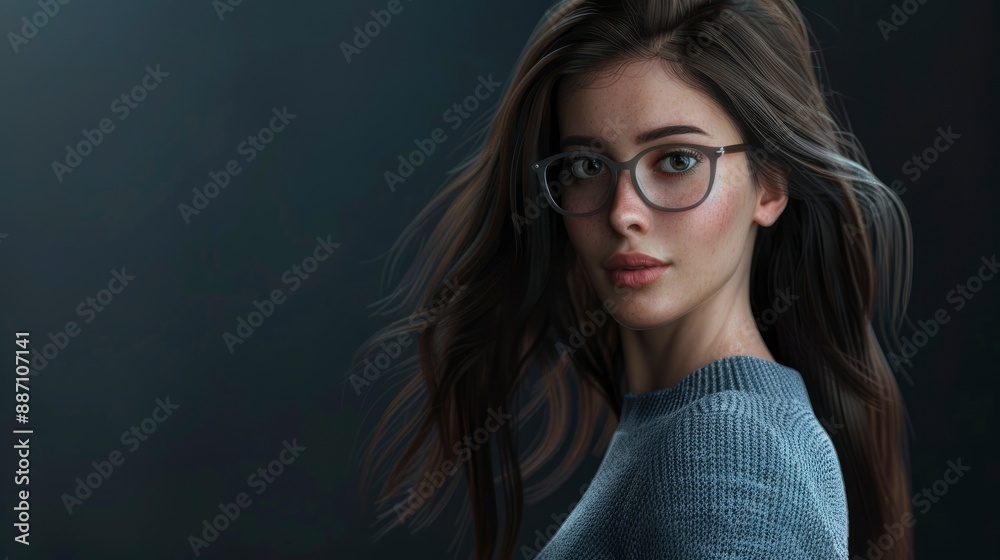 A young beautiful brunette businesswoman in a casual sweater and glasses stands confidently, reflecting a blend of casual and professional A young beautiful brunette businesswoman in a casual sweater and glasses stands confidently, reflecting a blend of casual and professional