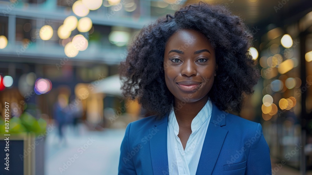 A young Black female businesswoman in a blue suit at a business reopening, feeling hopeful
