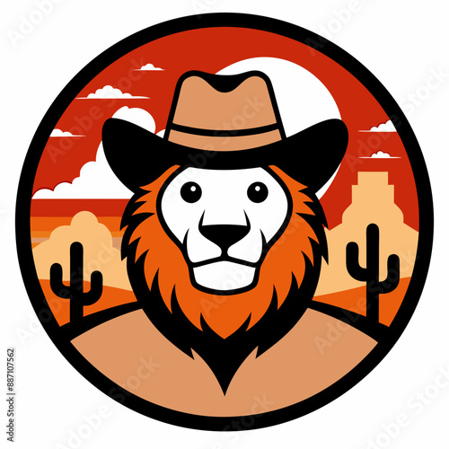 Lion in Cowboy Hat T-Shirt Design Vector Art with Texas Desert Background photo