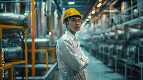 A male engineer wearing a yellow helmet and white coat stands confidently in an industrial factory, highlighting the role of professionals in manufacturing environments.