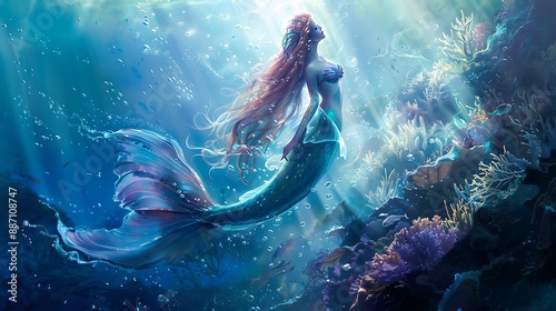 Mystical mermaid kingdom beneath ocean waves