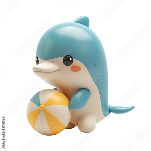 Cute 3D dolphin toy character holding a beach ball. Perfect for children's themes, playful designs, and summer-related graphics.