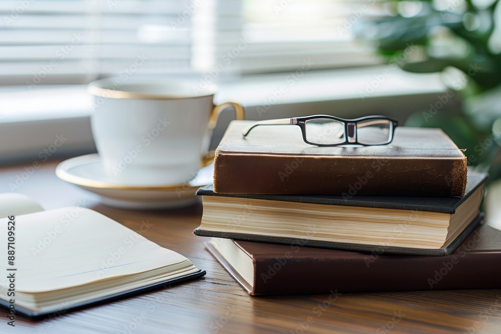 Fototapeta premium Cozy Workspace with Books and Coffee for Inspirational Reading
