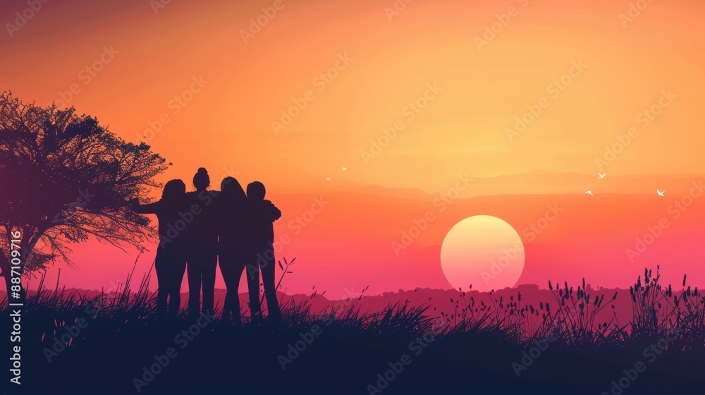 Silhouette of Friends Embracing at Sunset: Unity and Reflection Silhouette of Friends Embracing at Sunset: Unity and Reflection