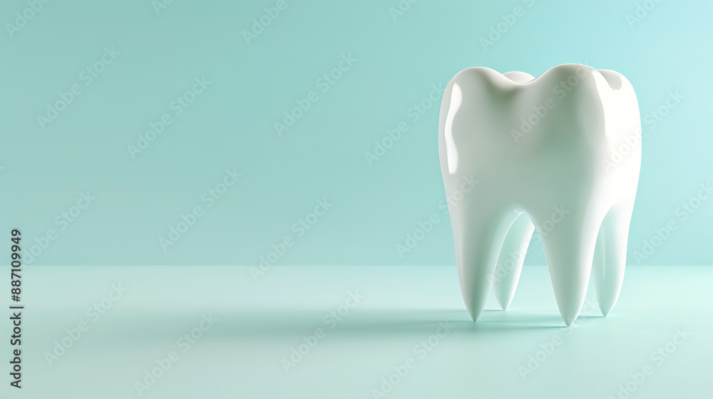 A single white molar tooth on a pale blue background, positioned to the right A single white molar tooth on a pale blue background, positioned to the right