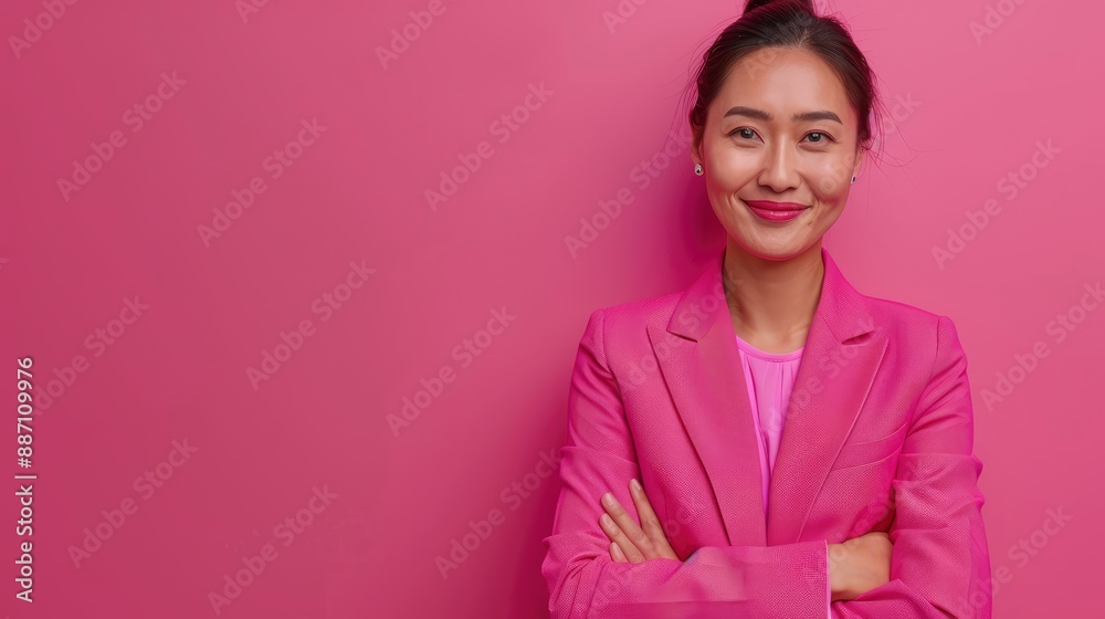 An Asian businesswoman in a cheerful pink outfit poses confidently against a matching pink background, reflecting vibrancy and elegance An Asian businesswoman in a cheerful pink outfit poses confidently against a matching pink background, reflecting vibrancy and elegance
