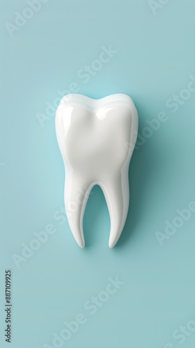 A white molar tooth aligned to the right on a light blue background