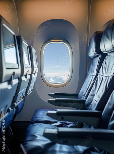 Empty airplane seats by an airplane window 