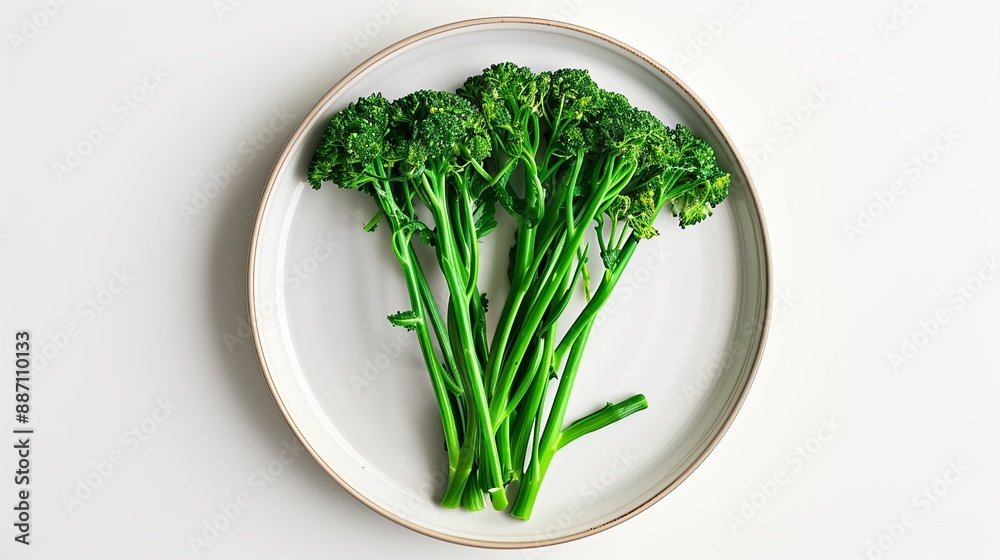 Raw baby broccolini on a plate, displayed against a white background, viewed from above Raw baby broccolini on a plate, displayed against a white background, viewed from above