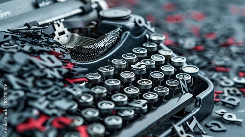 A close-up of typewriter keys with scattered letters creatively arranged around them, representing the art of writing, creativity, and abstract expression.