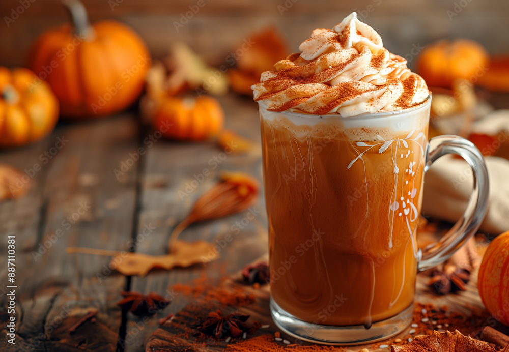 Pumpkin spice latte with autumn decorations 