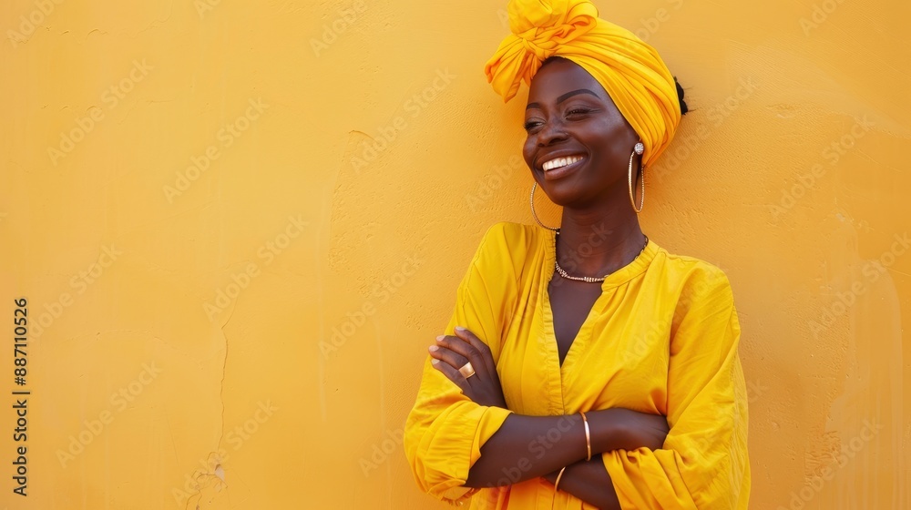 A beaming African American woman in a vibrant yellow outfit stands confidently with her arms crossed, reflecting joy and assurance A beaming African American woman in a vibrant yellow outfit stands confidently with her arms crossed, reflecting joy and assurance