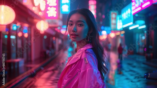 A beautiful Asian woman in a cheerful pink outfit stands confidently on a city street illuminated by neon lights at night, reflecting modernity and vibrancy