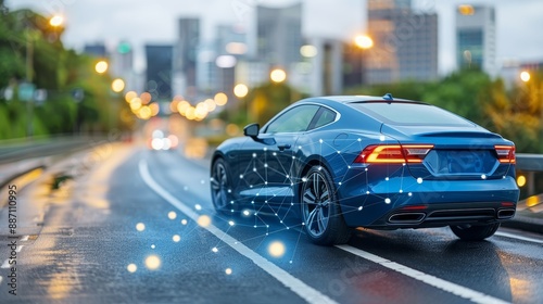 Blue sports car on city street, rear view, illuminated with futuristic technology graphics, rainy evening, urban mobility concept