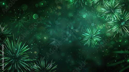 Abstract holiday background with green fireworks on a dark backdrop