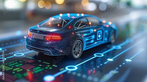 Futuristic smart car with digital technology on road, high-tech AI vehicle, self-driving concept, connected automobile showcasing advanced network, autonomous driving, AI-driven car